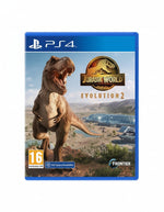 Video game box for 'Jurassic World Evolution 2' on PS4 with a dinosaur and landscape design.