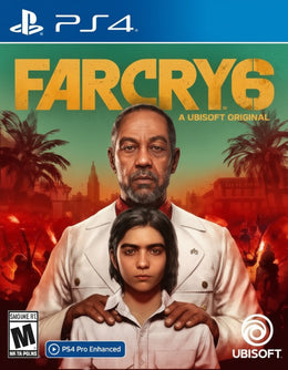 Far Cry 6 game cover for PlayStation 4 with two characters on a tropical island.